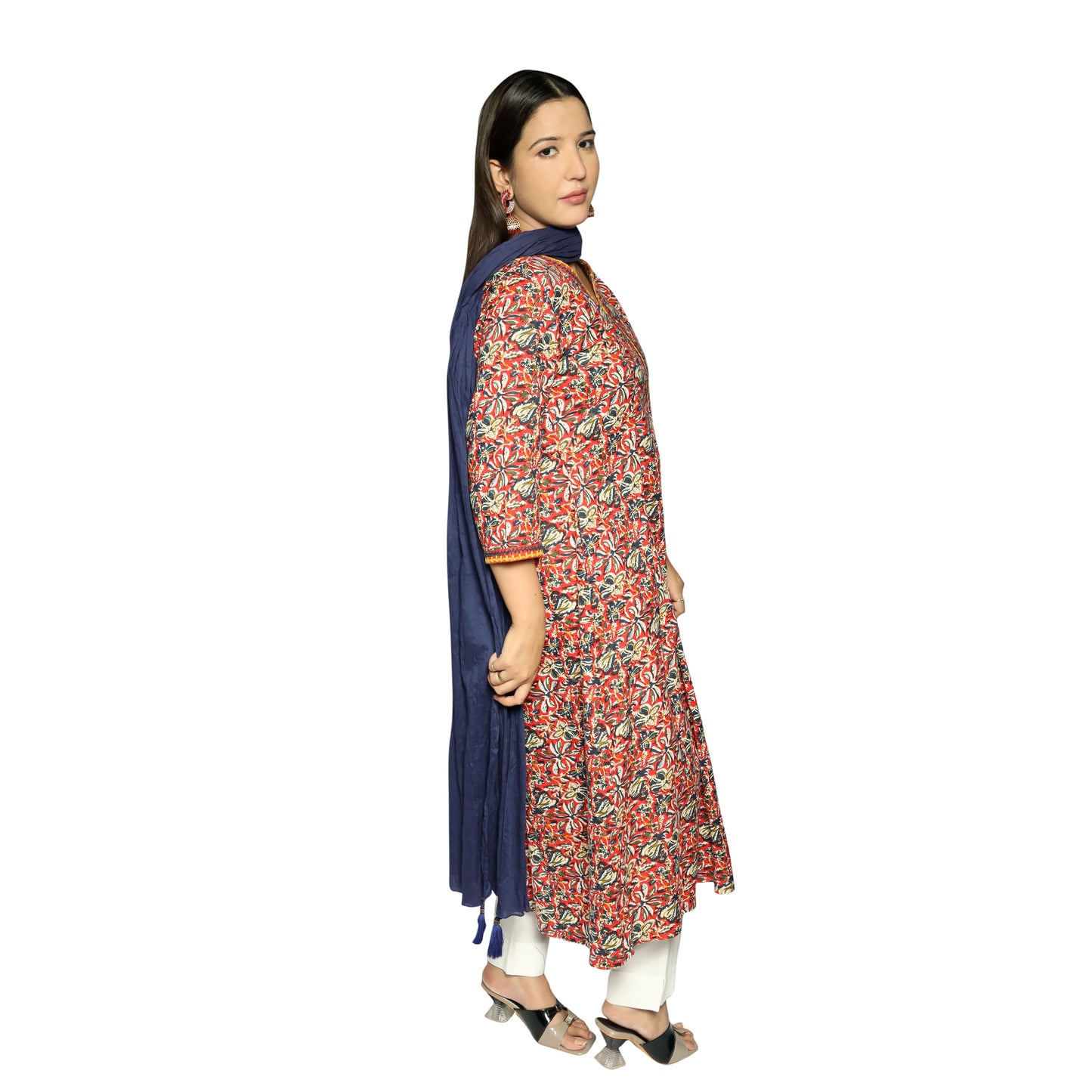 Dusty Red Printed Kalidar Kurta along with solid Pants and navy blue Dupatta