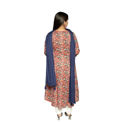 Dusty Red Printed Kalidar Kurta along with solid Pants and navy blue Dupatta