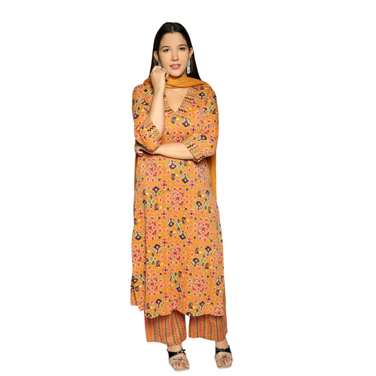 Yellow Priented Straight Kurta Along With Printed Pant