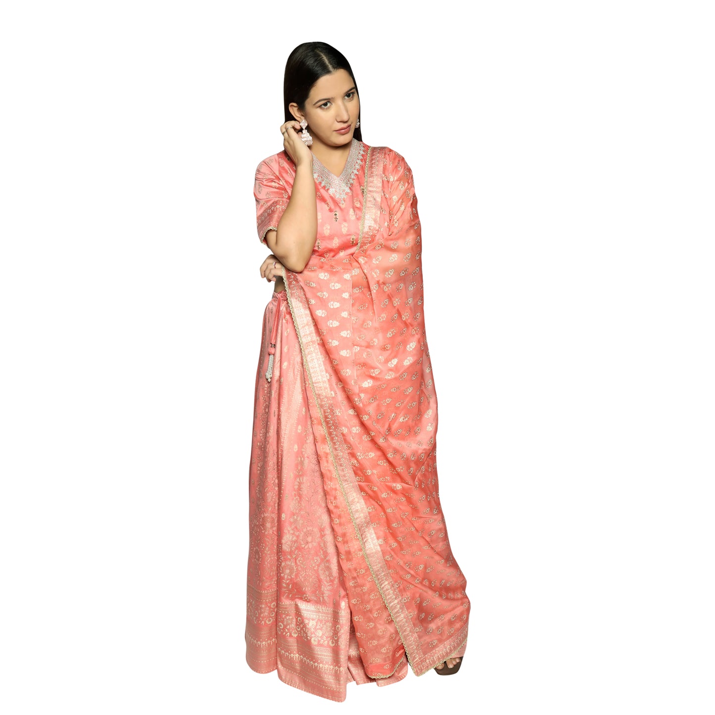 Salmon Pink printed blouse along with skirt and printed  chiffon Dupatta