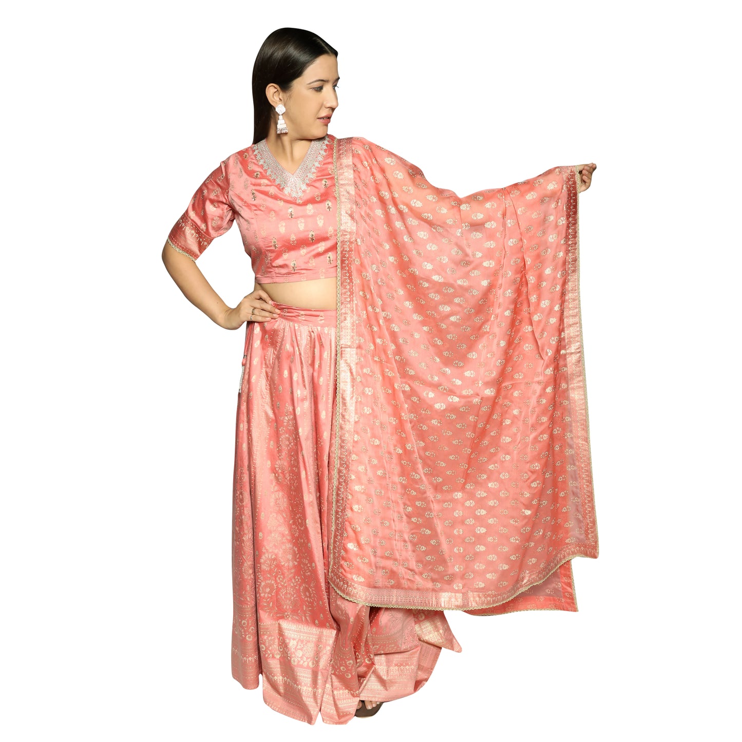 Salmon Pink printed blouse along with skirt and printed  chiffon Dupatta