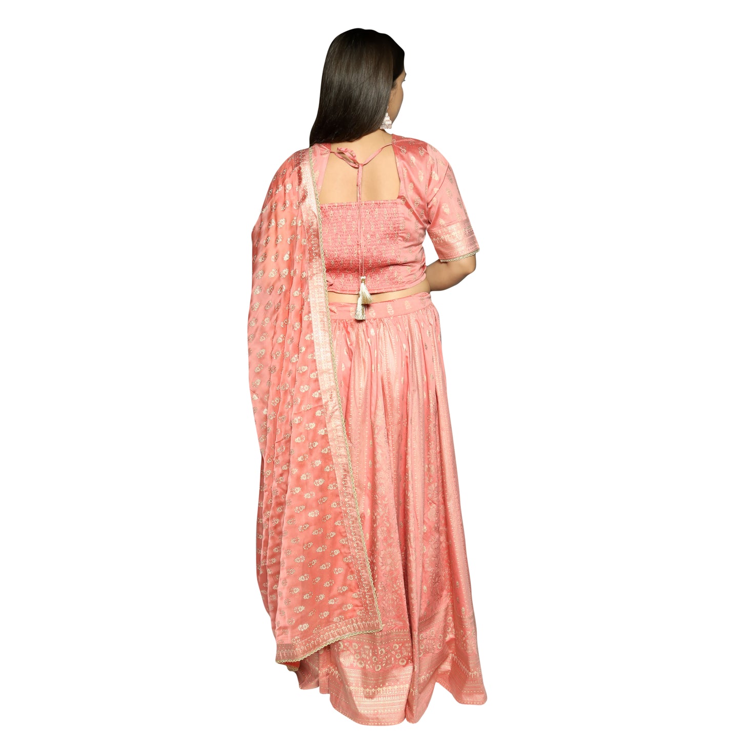 Salmon Pink printed blouse along with skirt and printed  chiffon Dupatta