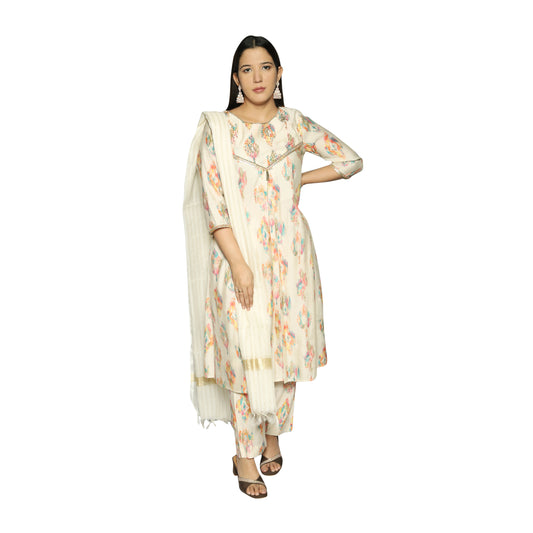 Off White colour Kurta along with printed pants with solid dupatta