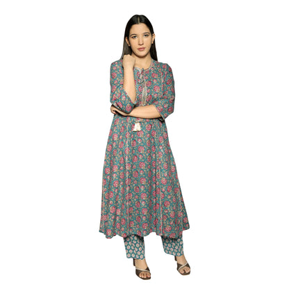 Sea Green Printed straight Kurta along with Pants