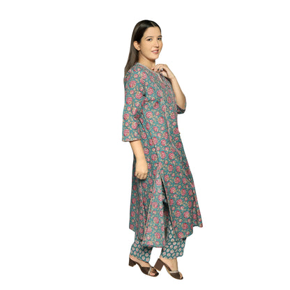 Sea Green Printed straight Kurta along with Pants