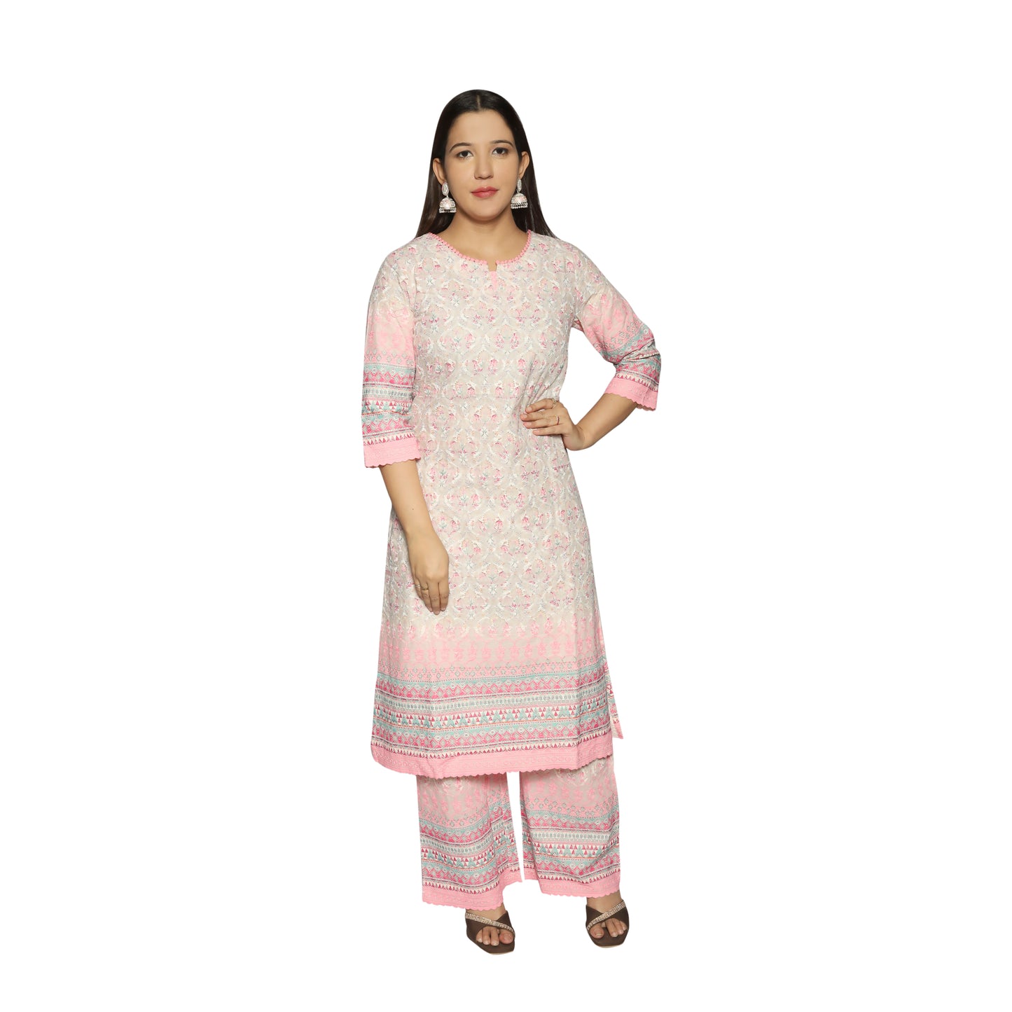 Pink chiffly digital printed kurta along with palazzo