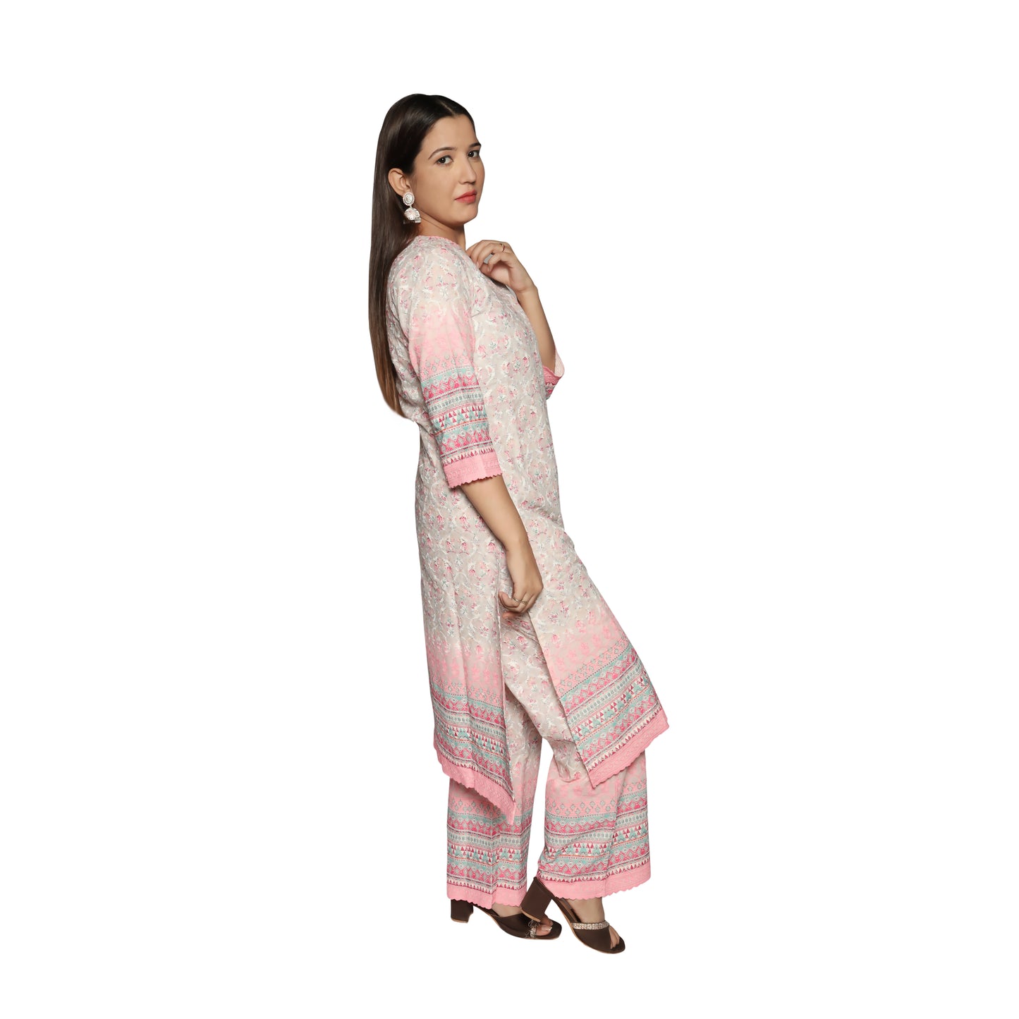 Pink chiffly digital printed kurta along with palazzo