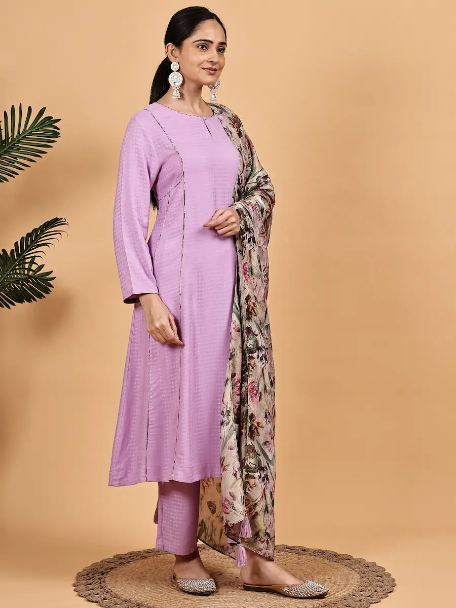 Lavender Embroidered Kurta Set with Floral Printed Dupatta