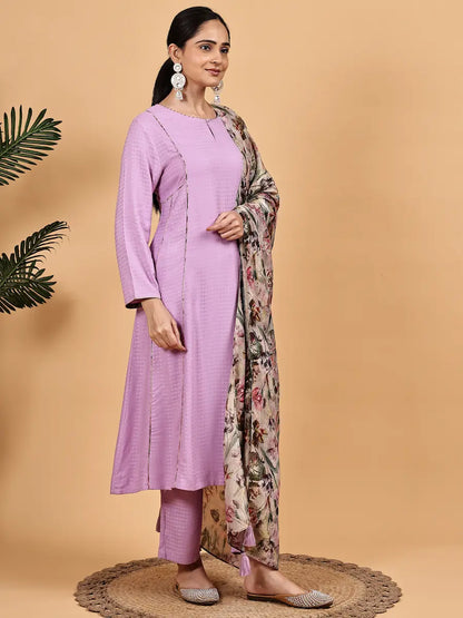 Lavender Embroidered Kurta Set with Floral Printed Dupatta