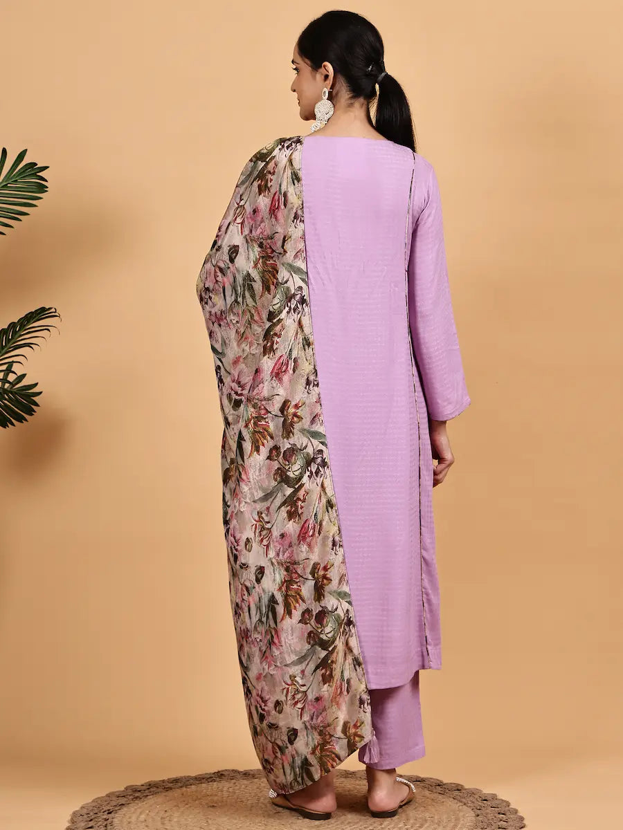 Lavender Embroidered Kurta Set with Floral Printed Dupatta