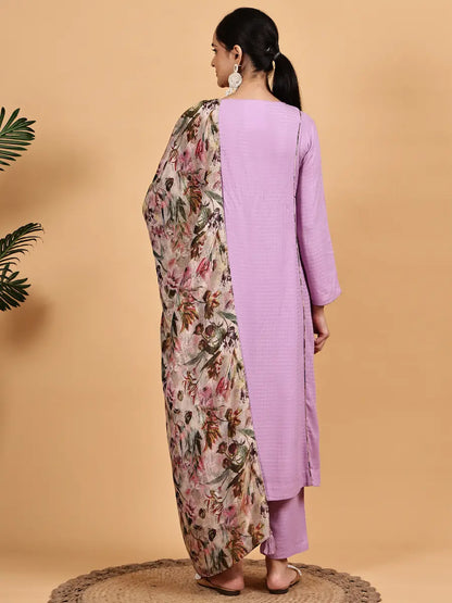 Lavender Embroidered Kurta Set with Floral Printed Dupatta