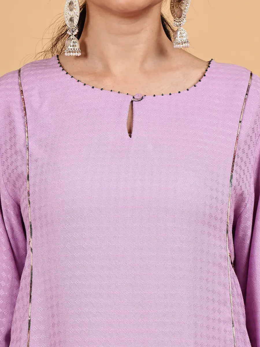 Lavender Embroidered Kurta Set with Floral Printed Dupatta