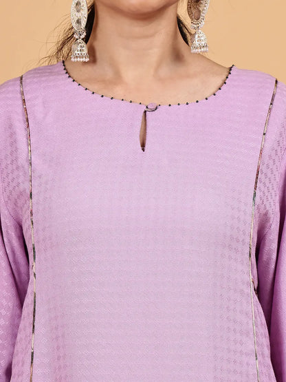 Lavender Embroidered Kurta Set with Floral Printed Dupatta