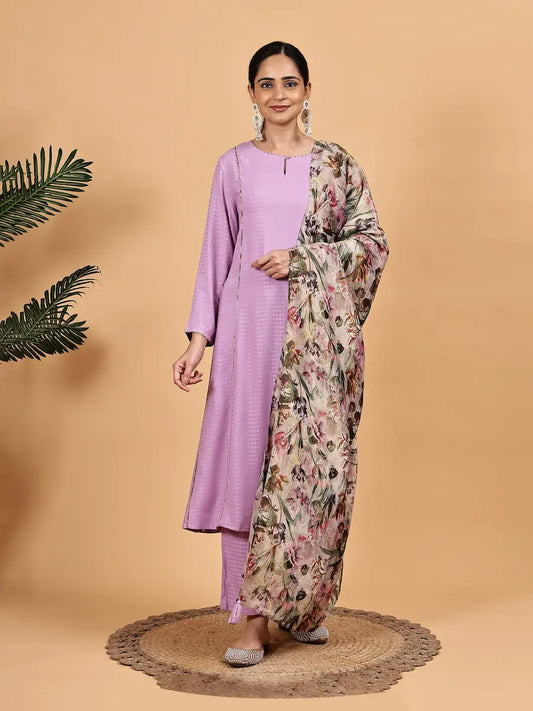 Lavender Embroidered Kurta Set with Floral Printed Dupatta