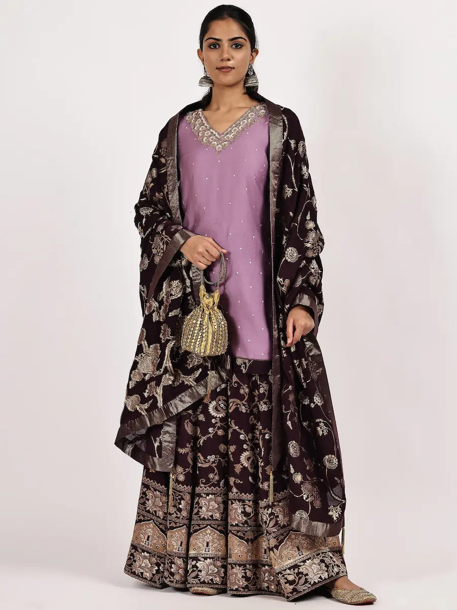 Stylish Lilac Jacquard Kurta Set with Flared Bottom & Matching Dupatta
