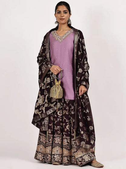 Stylish Lilac Jacquard Kurta Set with Flared Bottom & Matching Dupatta