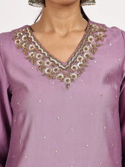 Stylish Lilac Jacquard Kurta Set with Flared Bottom & Matching Dupatta