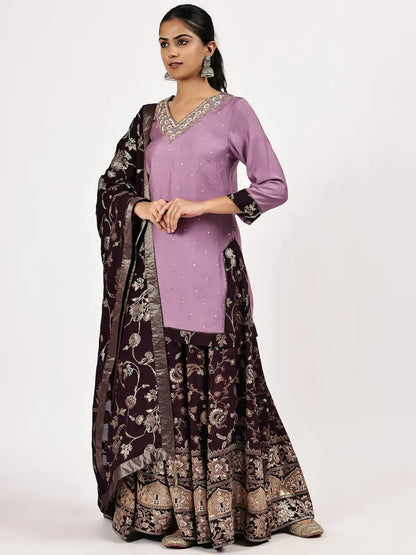 Stylish Lilac Jacquard Kurta Set with Flared Bottom & Matching Dupatta