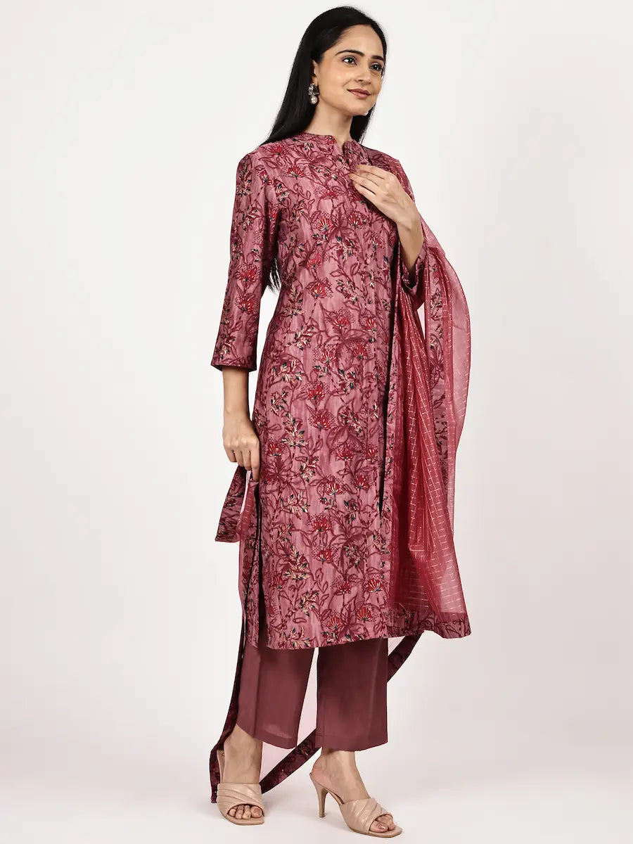 Maroon Printed Kurta Set with Premium Zari Dupatta