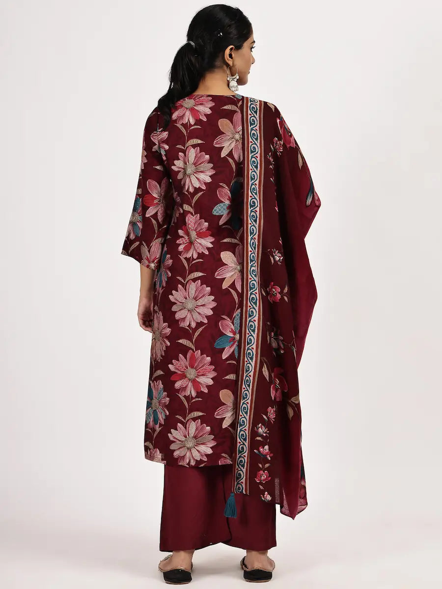 Maroon floral kurta with matching dupatta on a white background