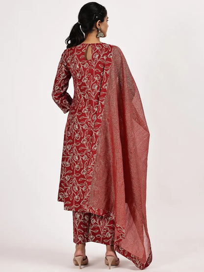 Maroon Printed Viscose Blend Kurta Set with Dupatta