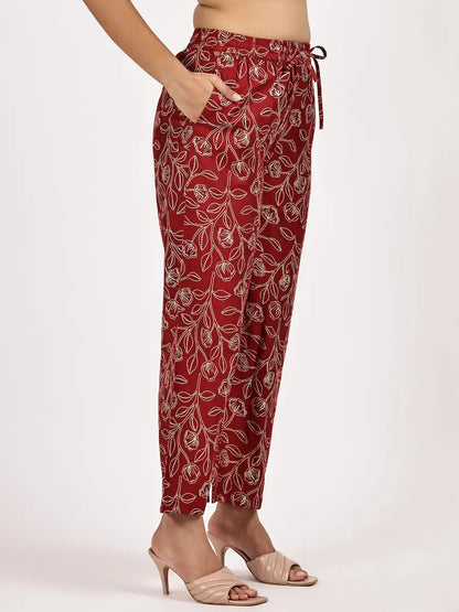 Maroon Printed Viscose Blend Kurta Set with Dupatta