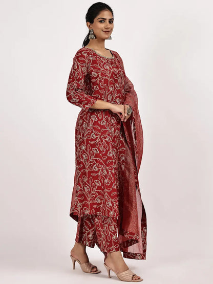 Maroon Printed Viscose Blend Kurta Set with Dupatta