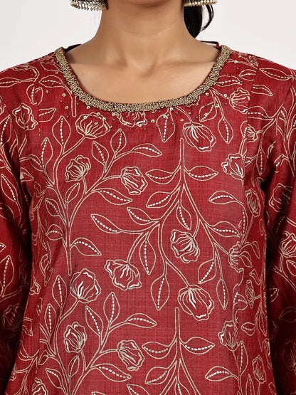 Maroon Printed Viscose Blend Kurta Set with Dupatta
