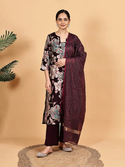 Maroon Floral Printed Kurta Set with Dupatta