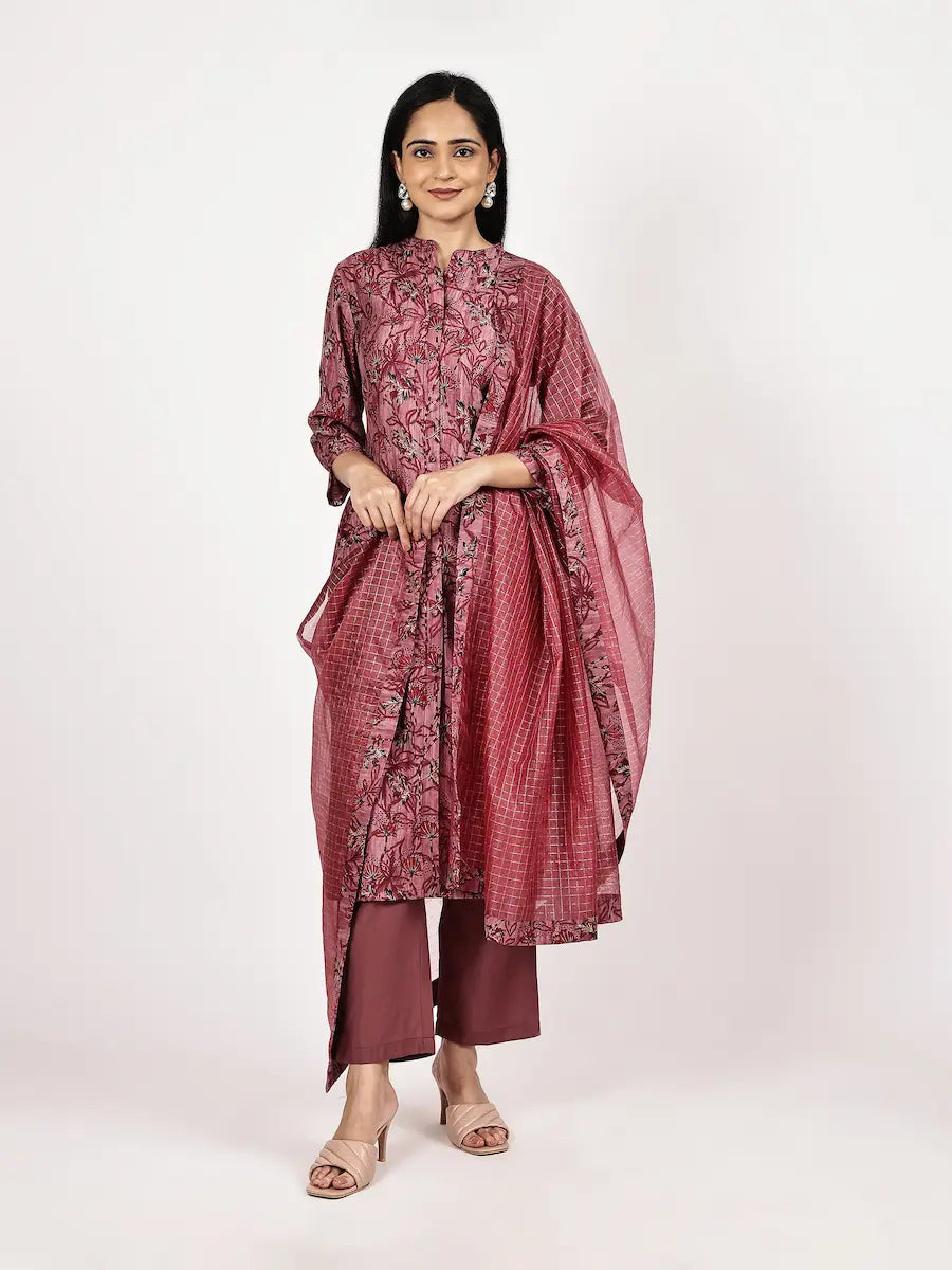 Maroon Printed Kurta Set with Premium Zari Dupatta