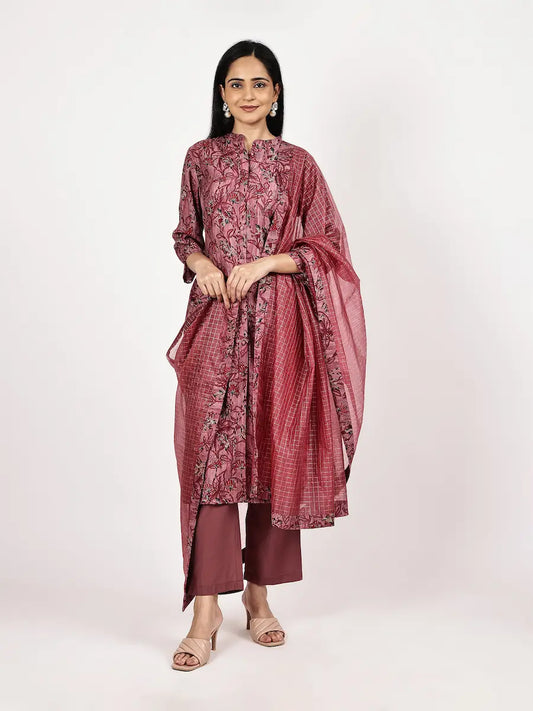 Maroon Printed Kurta Set with Premium Zari Dupatta