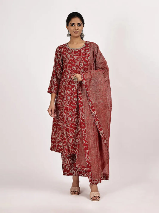 Maroon Printed Viscose Blend Kurta Set with Dupatta