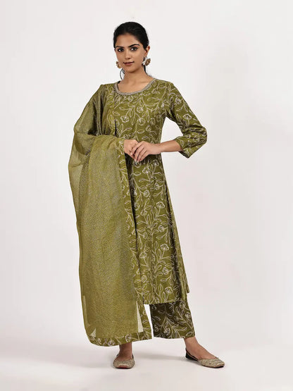 Mehndi Green Viscose Blend Embroidered Kurta Set with Dupatta