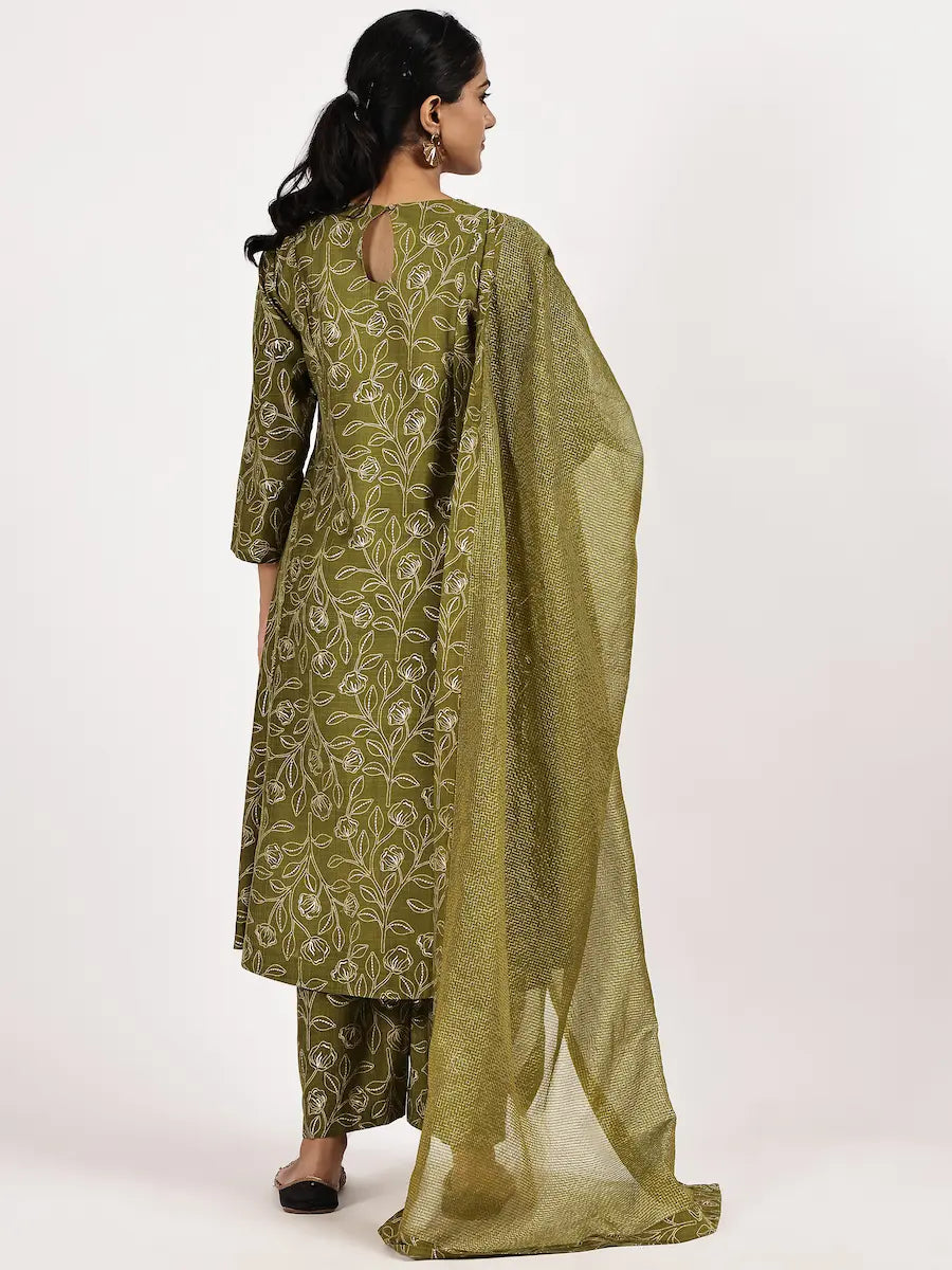 Mehndi Green Viscose Blend Embroidered Kurta Set with Dupatta