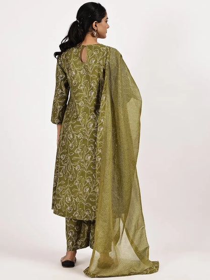 Mehndi Green Viscose Blend Embroidered Kurta Set with Dupatta