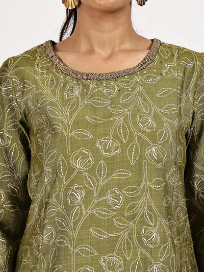 Mehndi Green Viscose Blend Embroidered Kurta Set with Dupatta