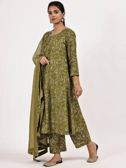 Mehndi Green Viscose Blend Embroidered Kurta Set with Dupatta