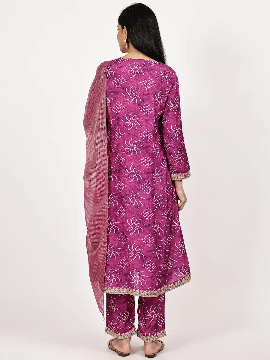 Muslin Bandhani Embroidered Kurta Set with Shimmer Dupatta