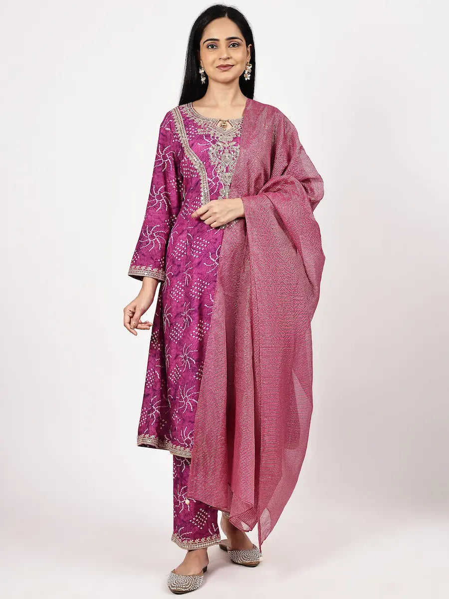 Muslin Bandhani Embroidered Kurta Set with Shimmer Dupatta