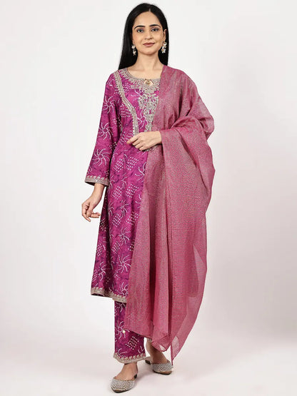 Muslin Bandhani Embroidered Kurta Set with Shimmer Dupatta