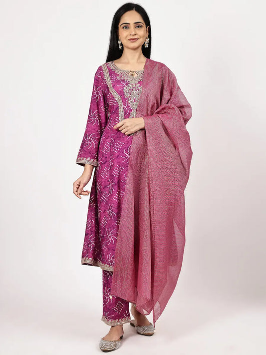Muslin Bandhani Embroidered Kurta Set with Shimmer Dupatta