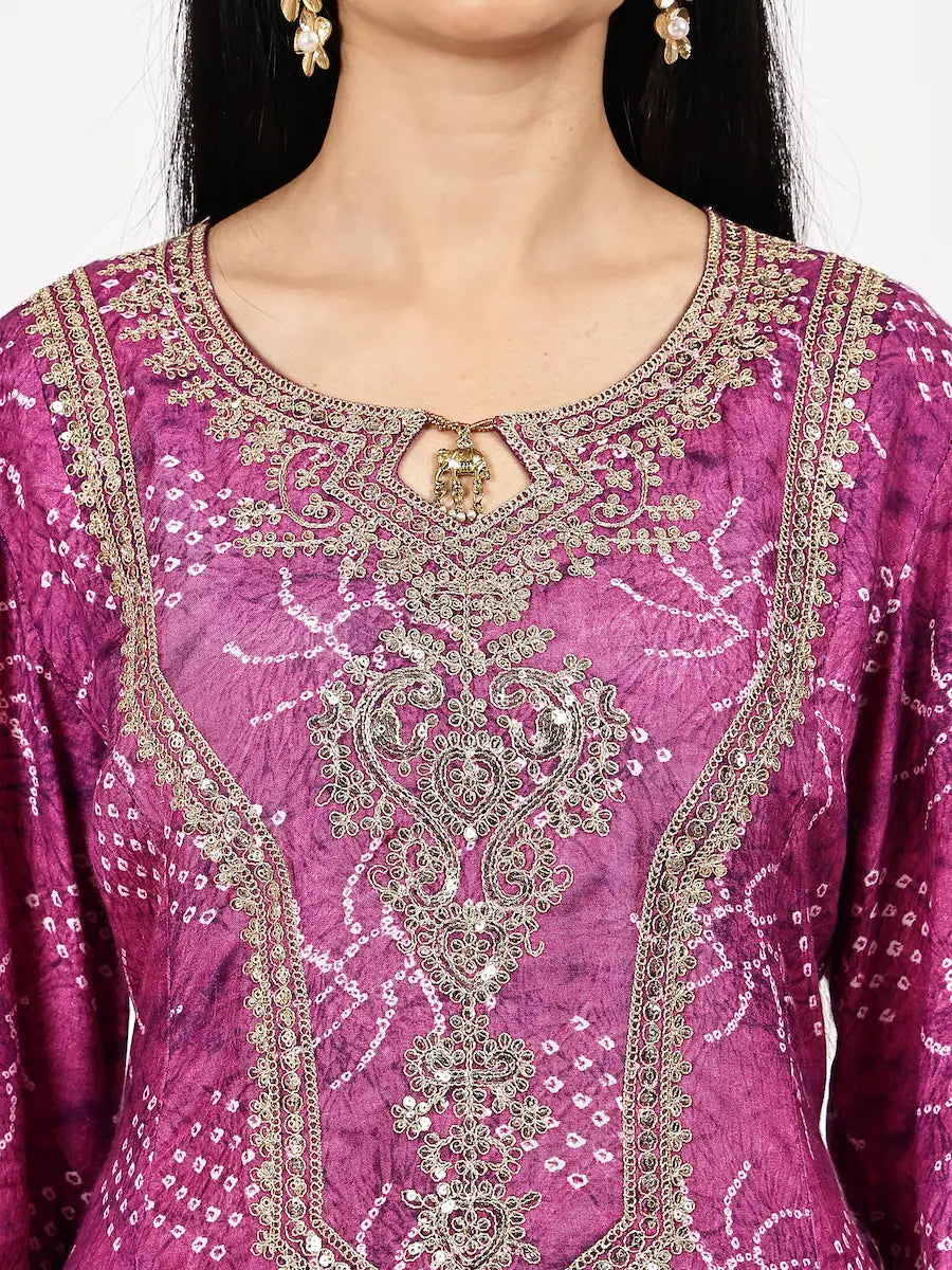 Muslin Bandhani Embroidered Kurta Set with Shimmer Dupatta