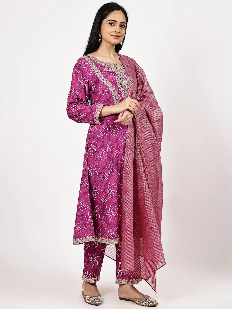 Muslin Bandhani Embroidered Kurta Set with Shimmer Dupatta