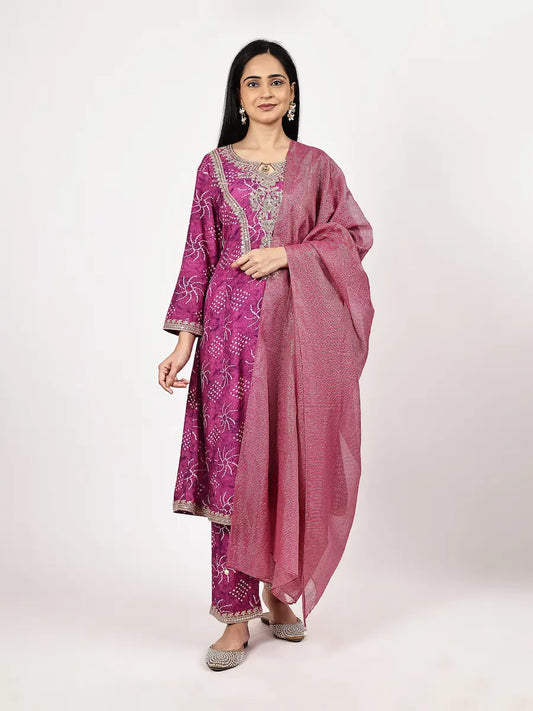 Muslin Bandhani Embroidered Kurta Set with Shimmer Dupatta