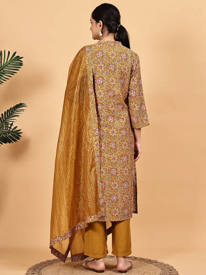 Mustard Printed Kurta Set with Premium Dupatta