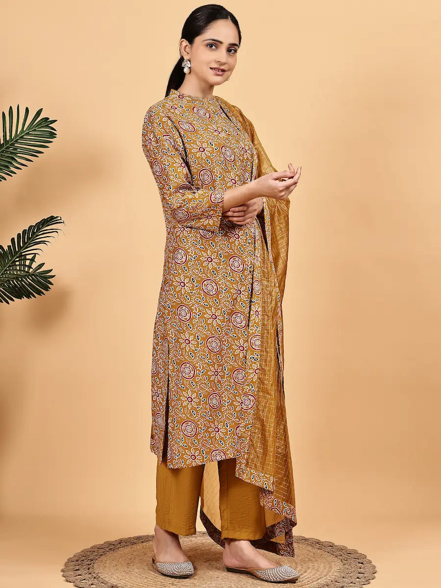 Mustard Printed Kurta Set with Premium Dupatta