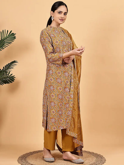 Mustard Printed Kurta Set with Premium Dupatta