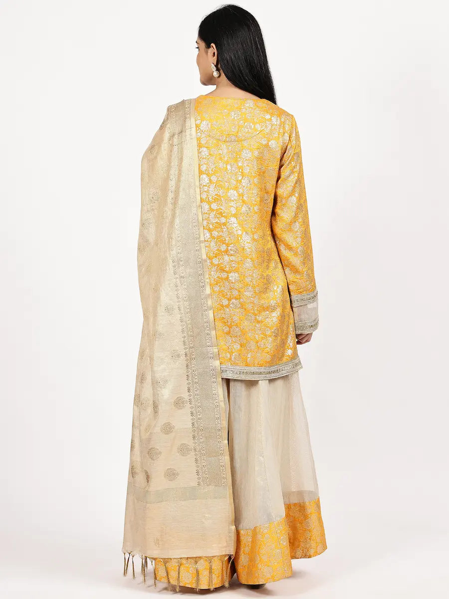 Mustard Yellow Silk Jacquard Kurta Set with Dupatta