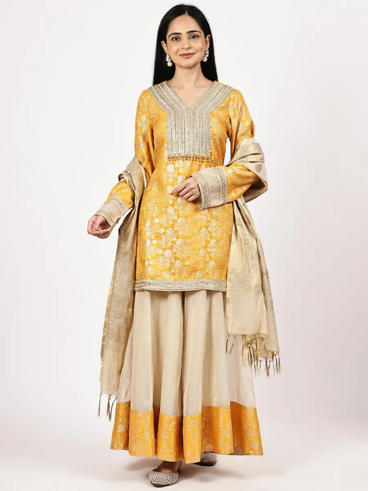 Mustard Yellow Silk Jacquard Kurta Set with Dupatta