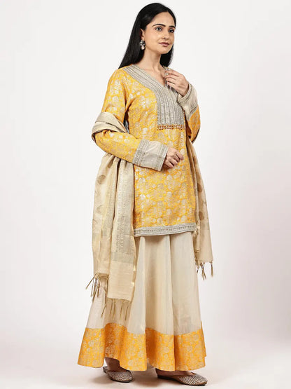Mustard Yellow Silk Jacquard Kurta Set with Dupatta